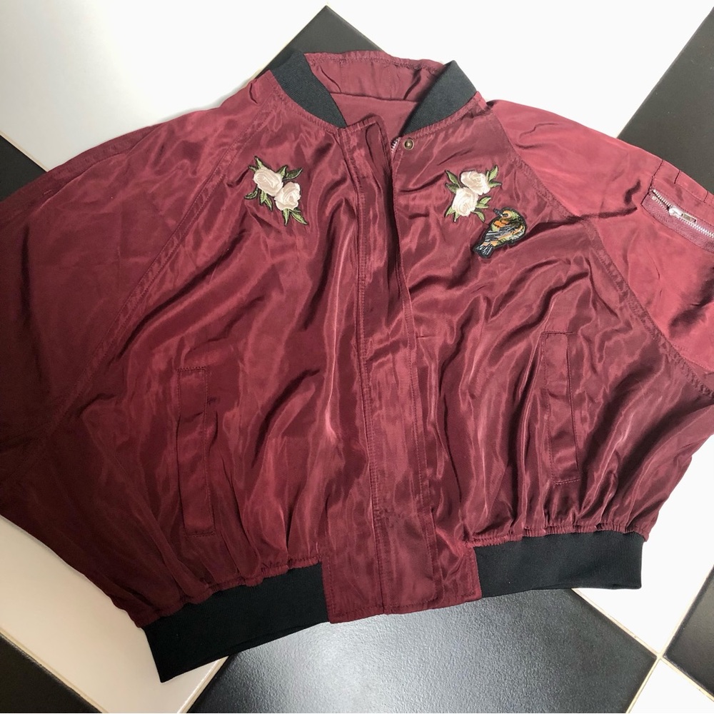 Anthro Anthropologie Korirl Satin Lightweight Bomber Jacket Burgundy Bird Patch
